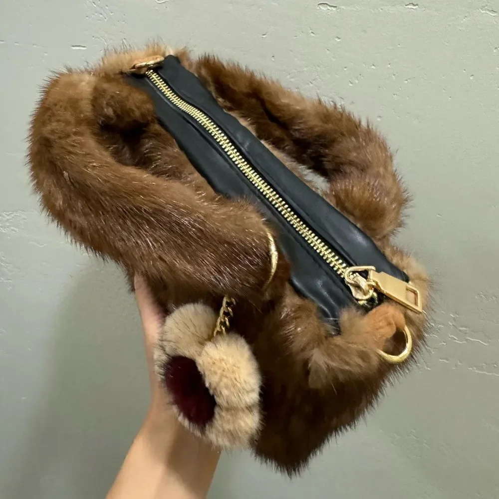 Handmade Real Muskrat Fur Top Handles Satchel With Mink Fur Flower Bag Charm
